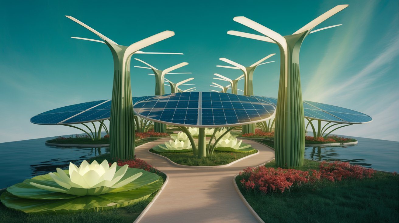 Illustration: a park of solar canopies and wind turbines