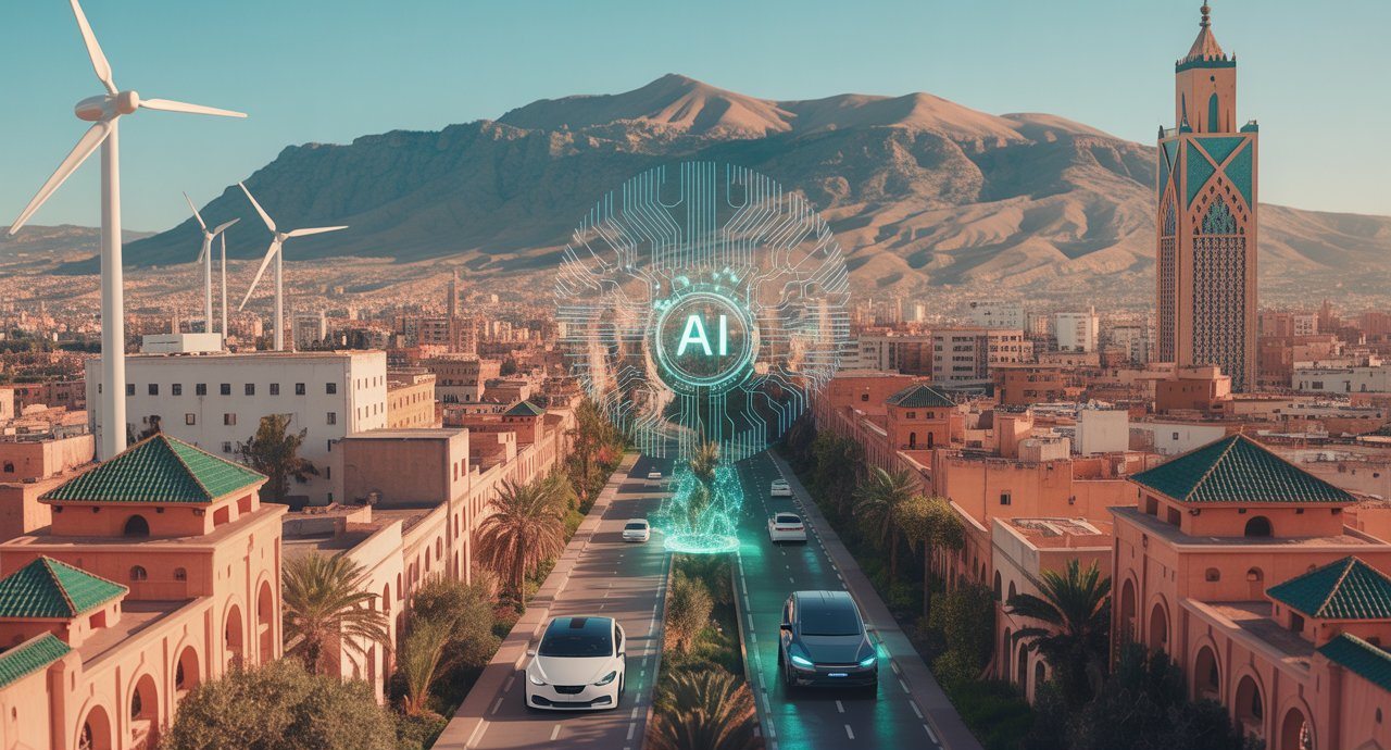Illustration: a Moroccan city with wind turbines and a digital network