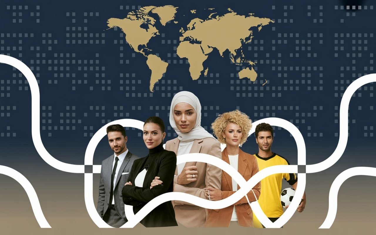 Illustration: five professionals in front of a world map